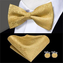 Load image into Gallery viewer, Green Color Silk Butterfly Pre-Tied Bow Tie Pocket Square Cufflinks Suit Set For Men Silk Adjustable Self Bowtie Formal Bowtie Set
