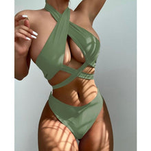Load image into Gallery viewer, Halter Hollow Cross Bikinis Set Swimsuit Women's New Solid Two-Piece Swimwear Two Piece Swimsuit Halter Crisscross Cut Out Bikini Wrap Top with High Waist  Bottom Beach Swimwear Summer Beachwear Woman Bath Bathing Suit
