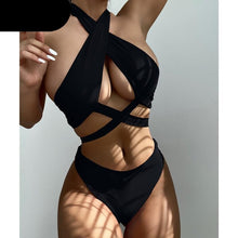 Load image into Gallery viewer, Halter Hollow Cross Bikinis Set Swimsuit Women's New Solid Two-Piece Swimwear Two Piece Swimsuit Halter Crisscross Cut Out Bikini Wrap Top with High Waist  Bottom Beach Swimwear Summer Beachwear Woman Bath Bathing Suit
