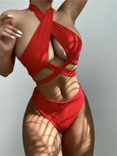Load image into Gallery viewer, Halter Hollow Cross Bikinis Set Swimsuit Women's New Solid Two-Piece Swimwear Two Piece Swimsuit Halter Crisscross Cut Out Bikini Wrap Top with High Waist  Bottom Beach Swimwear Summer Beachwear Woman Bath Bathing Suit
