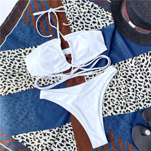 Load image into Gallery viewer, Halter Hollow Cross Bikinis Set Swimsuit Women's New Solid Two-Piece Swimwear Two Piece Swimsuit Halter Crisscross Cut Out Bikini Wrap Top with High Waist  Bottom Beach Swimwear Summer Beachwear Woman Bath Bathing Suit
