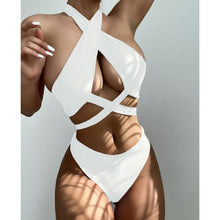 Load image into Gallery viewer, Halter Hollow Cross Bikinis Set Swimsuit Women's New Solid Two-Piece Swimwear Two Piece Swimsuit Halter Crisscross Cut Out Bikini Wrap Top with High Waist  Bottom Beach Swimwear Summer Beachwear Woman Bath Bathing Suit
