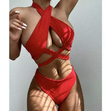 Load image into Gallery viewer, Halter Hollow Cross Bikinis Set Swimsuit Women's New Solid Two-Piece Swimwear Two Piece Swimsuit Halter Crisscross Cut Out Bikini Wrap Top with High Waist  Bottom Beach Swimwear Summer Beachwear Woman Bath Bathing Suit
