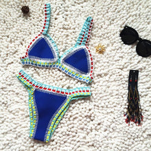 Load image into Gallery viewer, Handmade Women Bikini Crochet Knit Swimwear Halter Patchwork Bathing Suit Women's Swimsuit Strappy Side 2 Piece Bikini Set Triangle Beach Swimwear
