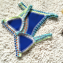 Load image into Gallery viewer, Handmade Women Bikini Crochet Knit Swimwear Halter Patchwork Bathing Suit Women's Swimsuit Strappy Side 2 Piece Bikini Set Triangle Beach Swimwear
