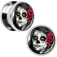 Load image into Gallery viewer, Katrina Sugar Skull with Rose Flower Steel Screw Fit Plug Set 9/16
