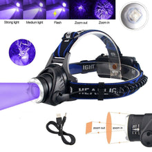 Load image into Gallery viewer, Headlamp Flashlight USB LED Head Rechargeable Light Waterproof Green/Red/UV 395nm Zoomable Headlamp Flashlight Light Outdoor   Waterproof Headlight Led Head Lamp 3 Modes Torch For Camping Hiking Fishing
