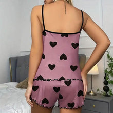Load image into Gallery viewer, Heart Print Neck Cami Top and Lettuce Trim Shorts Set
