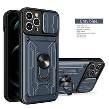 Load image into Gallery viewer, Heavy Duty Armor Case Card Pocket for iPhone 11 Pro 7 8 Plus Magnetic Phone Holder Cover Slide Lens Protection Design Card Holder Slot With Rotating Ring Armor Bumper Shockproof Case

