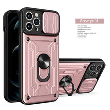 Load image into Gallery viewer, Heavy Duty Armor Case Card Pocket for iPhone 11 Pro 7 8 Plus Magnetic Phone Holder Cover Slide Lens Protection Design Card Holder Slot With Rotating Ring Armor Bumper Shockproof Case
