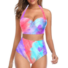 Load image into Gallery viewer, High Waist Bikini Leaf Print Swimsuit Women Push Up Swimwear Female Halter Bathing Suit Vintage Swimming Suit Women Vintage Underwire High Waist Swimsuit Two Pieces Halter Lace Up Adjustable Bikini Top
