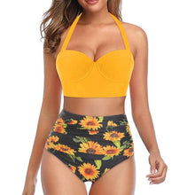 Load image into Gallery viewer, High Waist Bikini Leaf Print Swimsuit Women Push Up Swimwear Female Halter Bathing Suit Vintage Swimming Suit Women Vintage Underwire High Waist Swimsuit Two Pieces Halter Lace Up Adjustable Bikini Top
