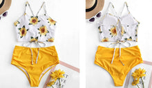 Load image into Gallery viewer, High Waist Bikini Sunflower Swimsuit Women Bikini Floral Swimsuit Floral Crop Tie Knot Front High Waist Bikini Set Two Piece Swimsuit For Women  Summer High Waisted Bathing Suit
