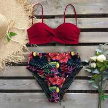 Load image into Gallery viewer, High Waist Bikini Set Women  Bikini Flower Swimwear Women High Waist Bikini Halter Two Piece Bathing Suits Tummy Control Swimsuit Push Up Swimwear Vintage Halter Neck Swimsuit Female Green Bathing Suit
