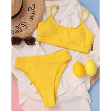 Load image into Gallery viewer, High Waist Bikinis Swimwear Women Push Up Swimsuits Solid High Waist Bikini Sets Sporty Two Pieces Swimsuit Scoop Neck Bathing Suits for Women Ribbed Bathing Suits High Cut Summer Beachwear
