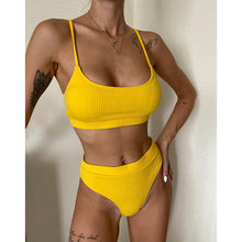 Load image into Gallery viewer, High Waist Bikinis Swimwear Women Push Up Swimsuits Solid High Waist Bikini Sets Sporty Two Pieces Swimsuit Scoop Neck Bathing Suits for Women Ribbed Bathing Suits High Cut Summer Beachwear
