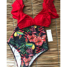 Load image into Gallery viewer, High Waist Ruffled Bikini Set Flounce Swimwear Women Two Pieces Swimsuit Swimsuit for Women Two Pieces Bathing Suits Tummy Control Flounce Top with High Waist Bottom Floral Beachwear V-neck Bathing Suit
