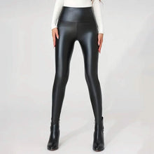 Load image into Gallery viewer, High Waisted Faux PU Leather Plush Lined Elastic Slim Leggings
