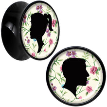 Load image into Gallery viewer, Black Acrylic Man Woman Floral Silhouette Saddle Plug Set 9/16
