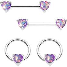 Load image into Gallery viewer, Purple Faux Opal Heart Captive Ring Straight Barbell Nipple Ring Set
