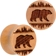 Load image into Gallery viewer, Organic Beechwood Holiday Bear in the Woods Saddle Plug Set Sizes 8mm to 20mm
