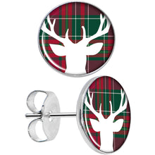 Load image into Gallery viewer, Red Green Plaid Reindeer Stud Earrings

