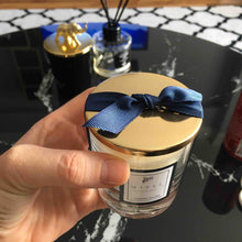 Load image into Gallery viewer, Jasmine Sandal Scented Glass Candle With Golden Metal Cover  Long-Burning Fragrant Candles in Glass Container With Metal Lid Hand-Poured Natural Soy Blend No Additives No Dye
