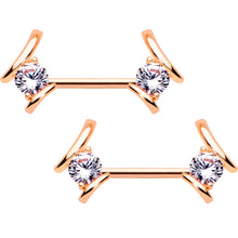 Load image into Gallery viewer, 14G Clear CZ Gem Rose Gold Tone Flair BCR Barbell Nipple Ring Set
