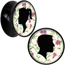 Load image into Gallery viewer, Black Acrylic Man Woman Floral Silhouette Saddle Plug Set 18mm
