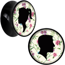 Load image into Gallery viewer, Black Acrylic Man Woman Floral Silhouette Saddle Plug Set 20mm

