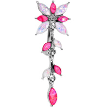 Load image into Gallery viewer, White Pink Gem Frosted Flower Trail Top Mount Dangle Belly Ring

