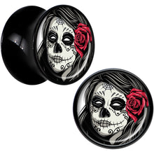 Load image into Gallery viewer, Black Acrylic Katrina Sugar Skull with Rose Flower Saddle Plug Set 1/2
