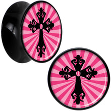 Load image into Gallery viewer, Black Acrylic Pink Black Radiant Cross Saddle Plug Set 5/8

