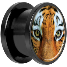 Load image into Gallery viewer, Full Color Tiger Eyes Black Anodized Screw Fit Plug Set 9/16
