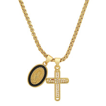 Load image into Gallery viewer, Ladies 18k White Gold/Gold Plated Brass &amp; Black Enamel Our Lady of Guadalupe and Simulated Diamond Cross Pendant Charms
