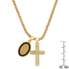Load image into Gallery viewer, Ladies 18k White Gold/Gold Plated Brass &amp; Black Enamel Our Lady of Guadalupe and Simulated Diamond Cross Pendant Charms
