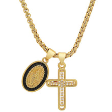 Load image into Gallery viewer, Ladies 18k White Gold/Gold Plated Brass &amp; Black Enamel Our Lady of Guadalupe and Simulated Diamond Cross Pendant Charms
