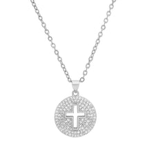 Load image into Gallery viewer, Ladies 18k White Gold/Gold Plated Brass Simulated Diamonds Round Cross Pendant
