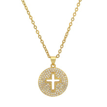 Load image into Gallery viewer, Ladies 18k White Gold/Gold Plated Brass Simulated Diamonds Round Cross Pendant
