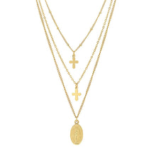 Load image into Gallery viewer, Ladies 3 Chain Necklace with Our Lady of Guadalupe and Cross Charms
