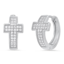 Load image into Gallery viewer, Ladies Sterling Silver and Simulated Diamonds Cross Huggie Earrings
