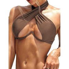 Load image into Gallery viewer, Ladies Summer Solid Color  Swimsuit Female Detachable Shoulder Strap Halter Bikini Women's Bikini Swimsuits One Piece Bathing Suits Tie Knot Cutout Swimwear with Crisscross Design
