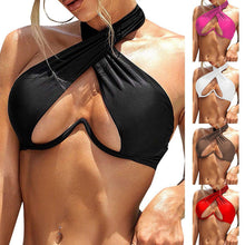 Load image into Gallery viewer, Ladies Summer Solid Color  Swimsuit Female Detachable Shoulder Strap Halter Bikini Women's Bikini Swimsuits One Piece Bathing Suits Tie Knot Cutout Swimwear with Crisscross Design
