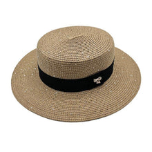 Load image into Gallery viewer, Ladies Sun Boater Classic Flat Hats Straw Hat Wide Brim Boater Hat Summer Straw Hat Beautiful Accessories For Women Retro Female Flat Cap Foldable Packable Beach Hat for Summer 55-58cm
