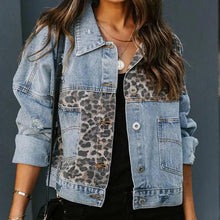 Load image into Gallery viewer, Lavish Style Winter Long-sleeved Jacket Denim Trendy Leopard Print Stitching Lapel Short Jacket For Women And Girls
