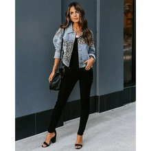 Load image into Gallery viewer, Lavish Style Winter Long-sleeved Jacket Denim Trendy Leopard Print Stitching Lapel Short Jacket For Women And Girls
