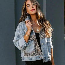 Load image into Gallery viewer, Lavish Style Winter Long-sleeved Jacket Denim Trendy Leopard Print Stitching Lapel Short Jacket For Women And Girls

