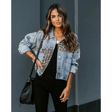 Load image into Gallery viewer, Lavish Style Winter Long-sleeved Jacket Denim Trendy Leopard Print Stitching Lapel Short Jacket For Women And Girls
