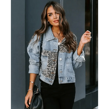 Load image into Gallery viewer, Lavish Style Winter Long-sleeved Jacket Denim Trendy Leopard Print Stitching Lapel Short Jacket For Women And Girls
