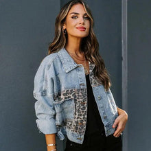 Load image into Gallery viewer, Lavish Style Winter Long-sleeved Jacket Denim Trendy Leopard Print Stitching Lapel Short Jacket For Women And Girls
